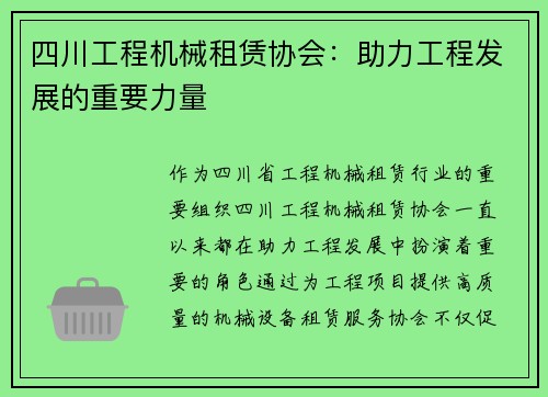 四川工程机械租赁协会：助力工程发展的重要力量