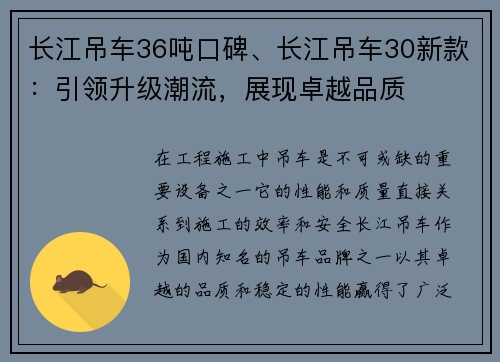 长江吊车36吨口碑、长江吊车30新款：引领升级潮流，展现卓越品质